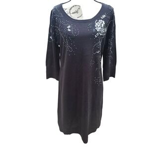 Cato NWOT Black Sequin Beaded Sweater Dress Size L 3/4 Sleeve Scoop Neck